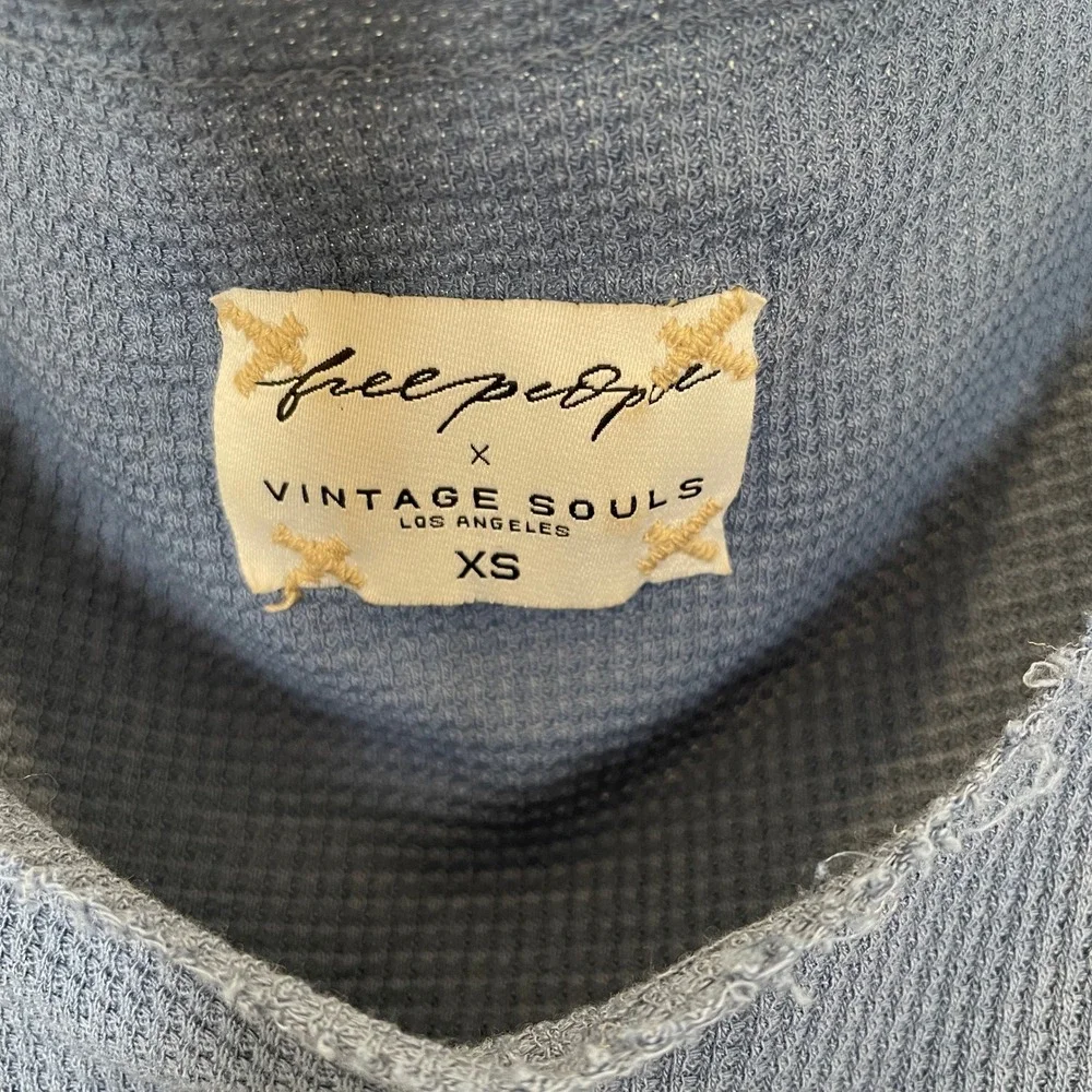 Free People x Vintage Souls RARE Blue Waffle Knit Graphic Top Distressed Size XS